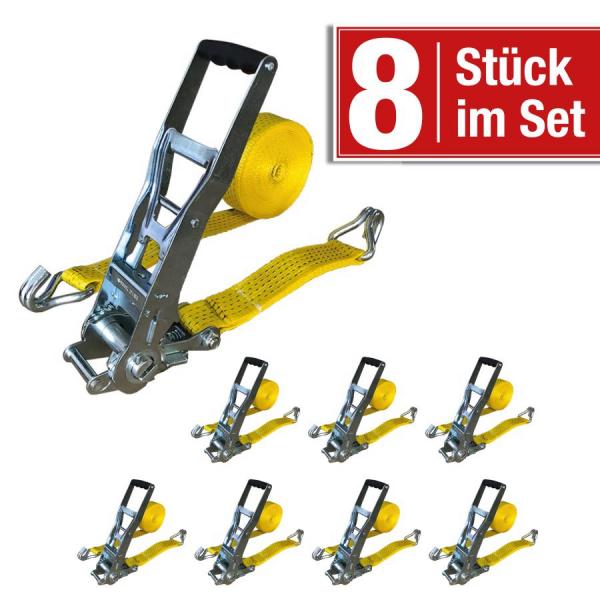 Zurrgurt 2-teilig, 8 Stück im Set, 50 mm mit Ergo-Langhebelratsche, 8,00 m NL